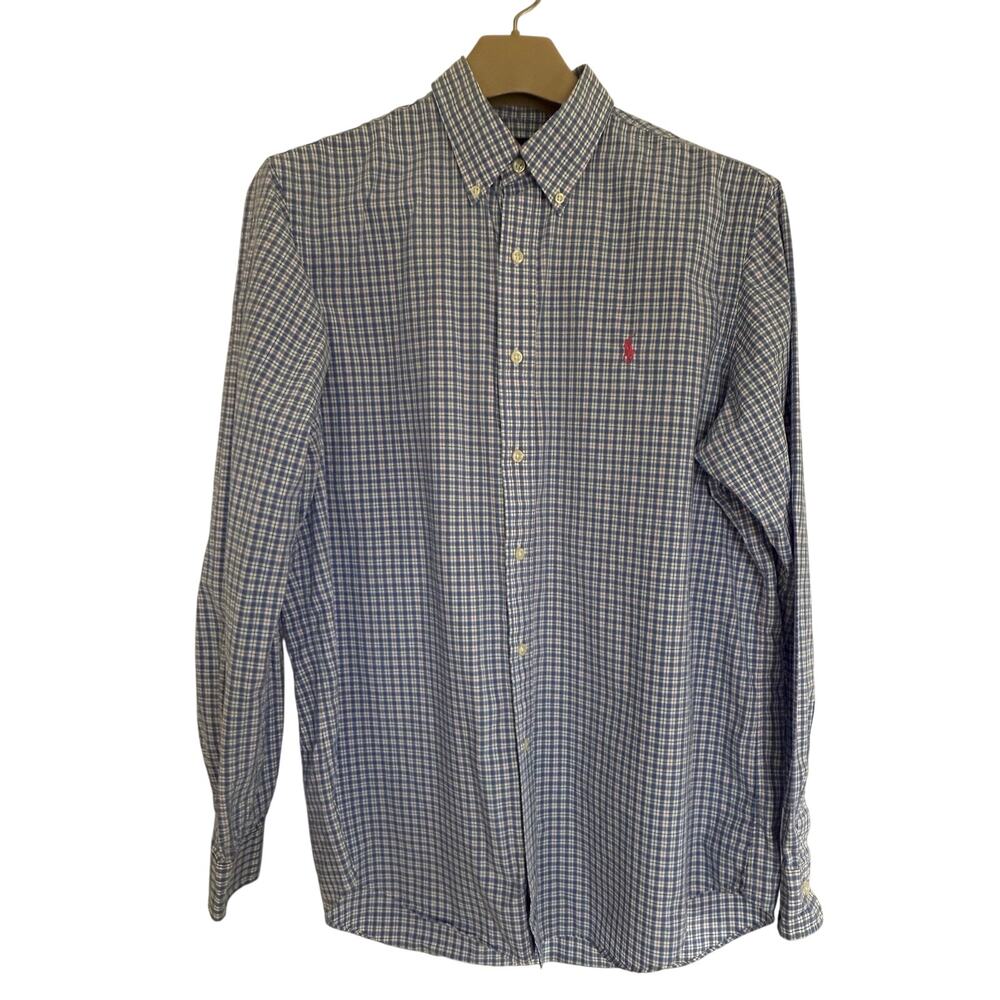Ralph Lauren Button Down Blue White Size LARGE 100% Cotton Long Sleeve Preppy